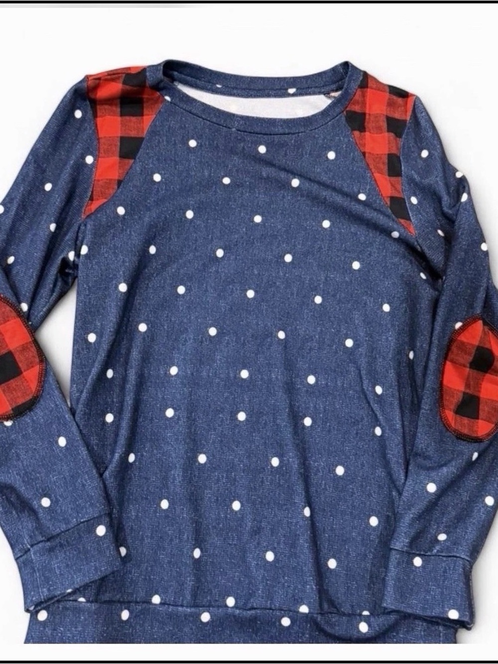 Navy Polka Dot Long-Sleeve Top with Red Plaid Accents